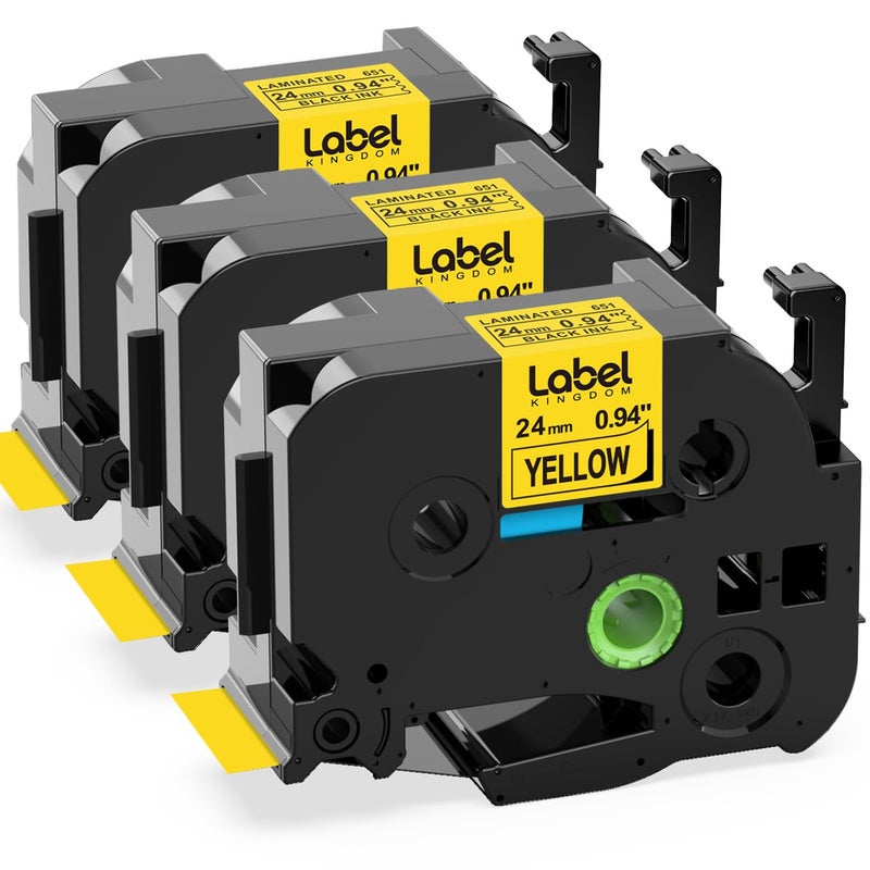 Label KINGDOM TZe-651 24mm Yellow Label Tape Replacement for Brother P-Touch TZ-651 1 Inch Black on Yellow TZ Tape 24mm 0.94 Laminated Yellow Compatible with Brother PTD600 PTD610AD PTP710BT, 3-Pack - Image 1